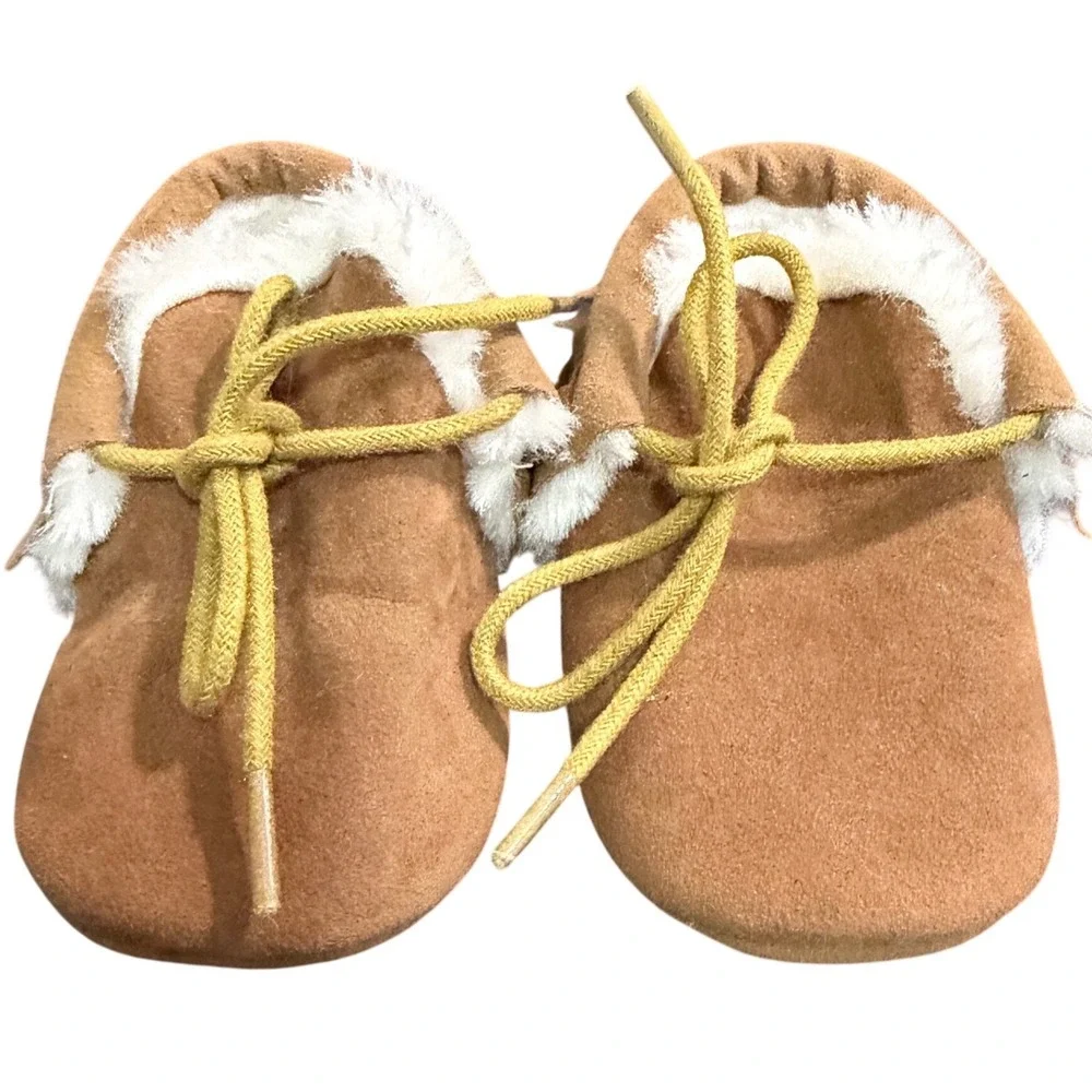 Unbranded Tan Faux Suede Fringe Moccasin Booties with Faux Fur‎ Lining Kids